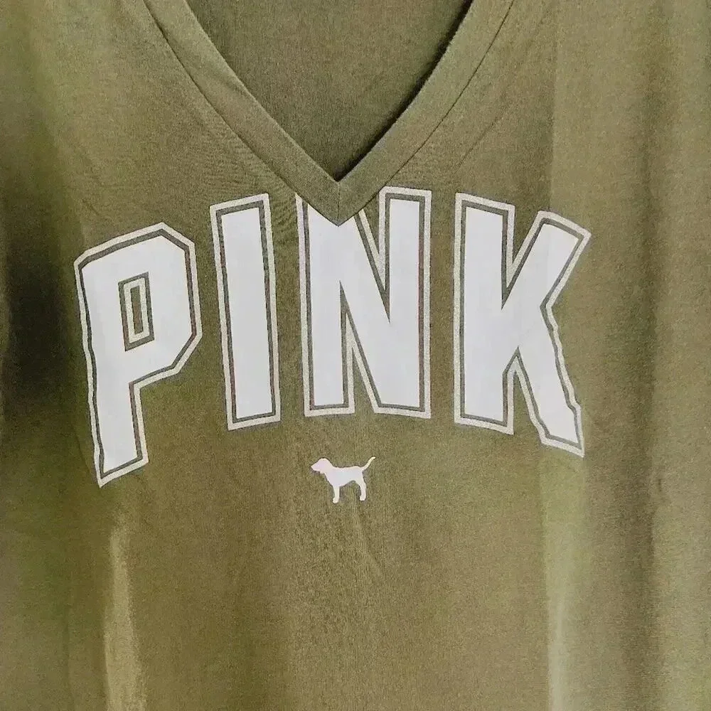 VS Pink Victoria's Secret Forest Green V Neck Tee Women's Size M - Picture 2 of 4